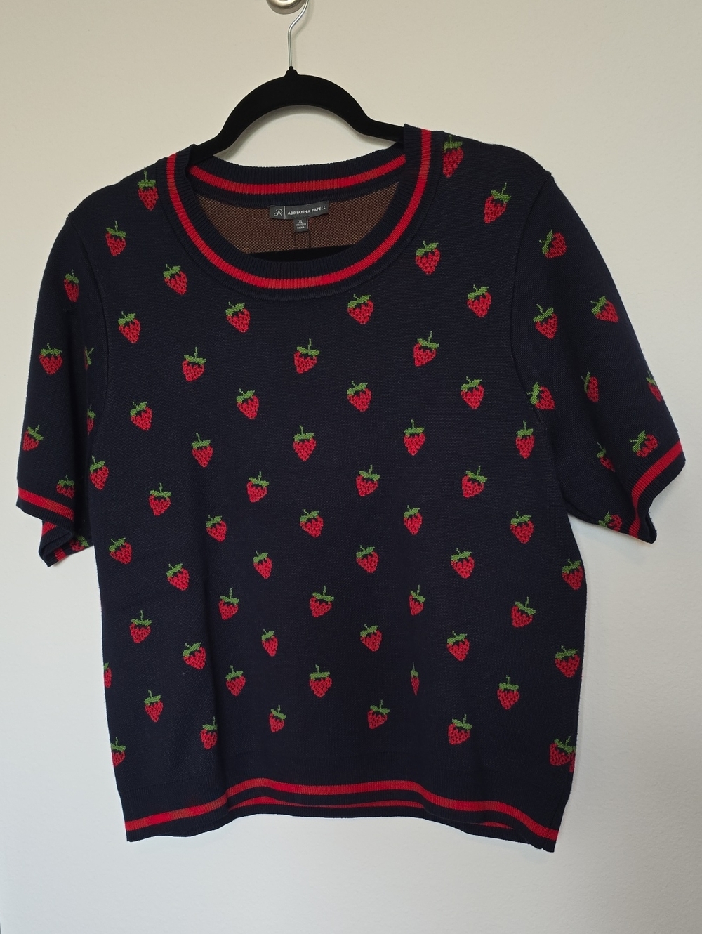 Adrianna Papell Navy Short-Sleeve Knit Sweater with Red Strawberry Motif